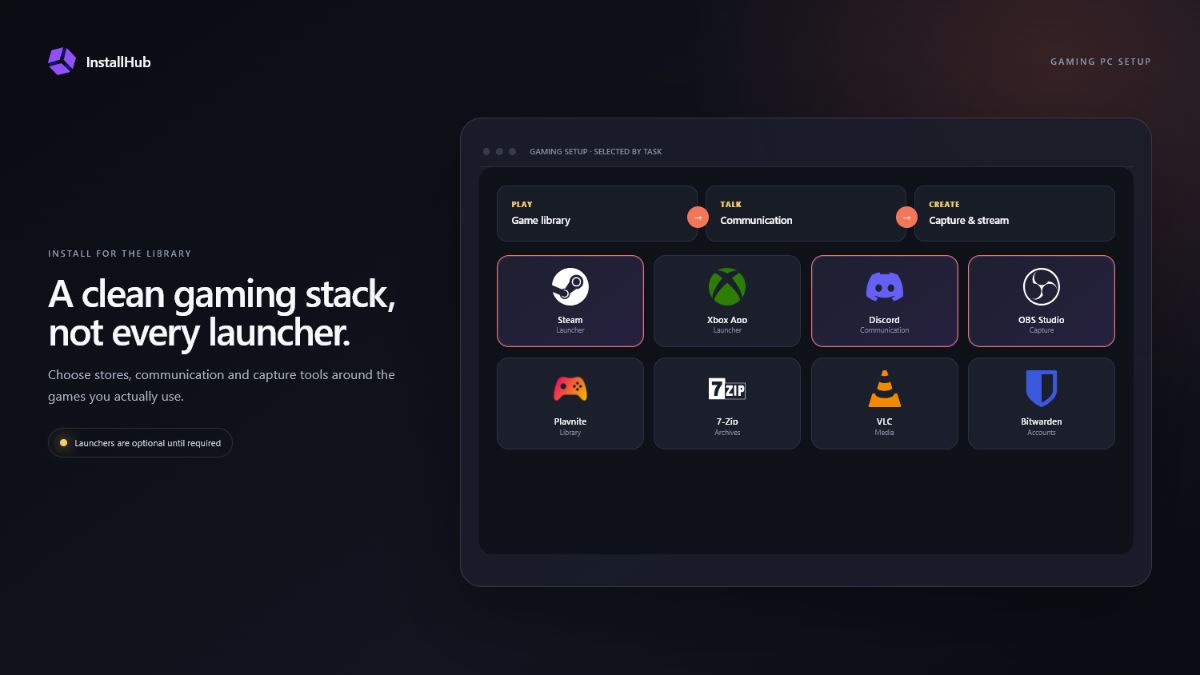 A clean InstallHub gaming setup organised around launchers, communication and capture tools