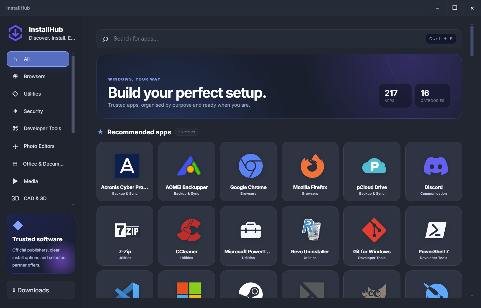 InstallHub desktop app showing categories, app choices and trusted installation routes
