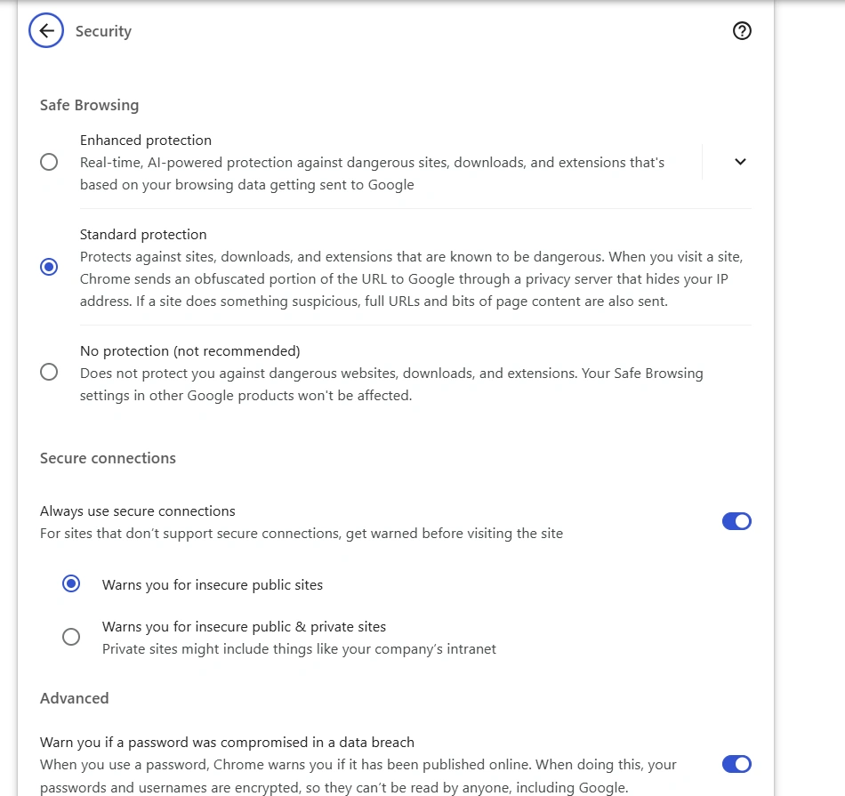 Cropped real Chrome Security settings showing Enhanced, Standard and No protection options, with Standard selected