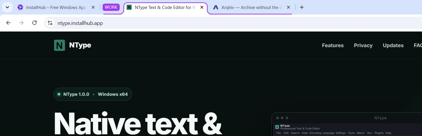 Cropped detail of Chrome showing the purple WORK Tab Group around NType and Arqhiv tabs